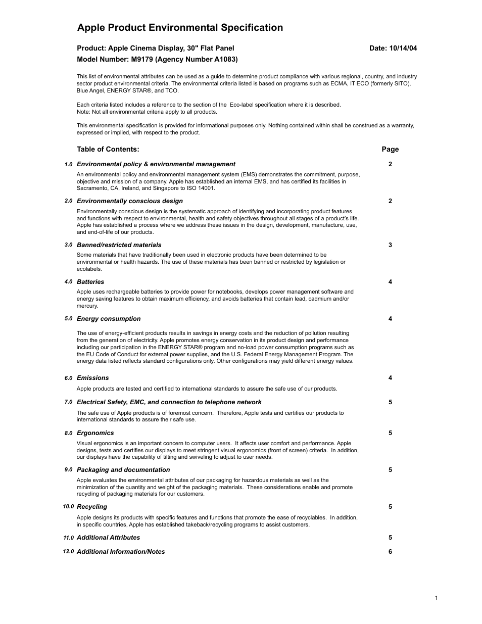 Apple Cinema Display, 30" Flat Panel M9179 User Manual | 6 pages