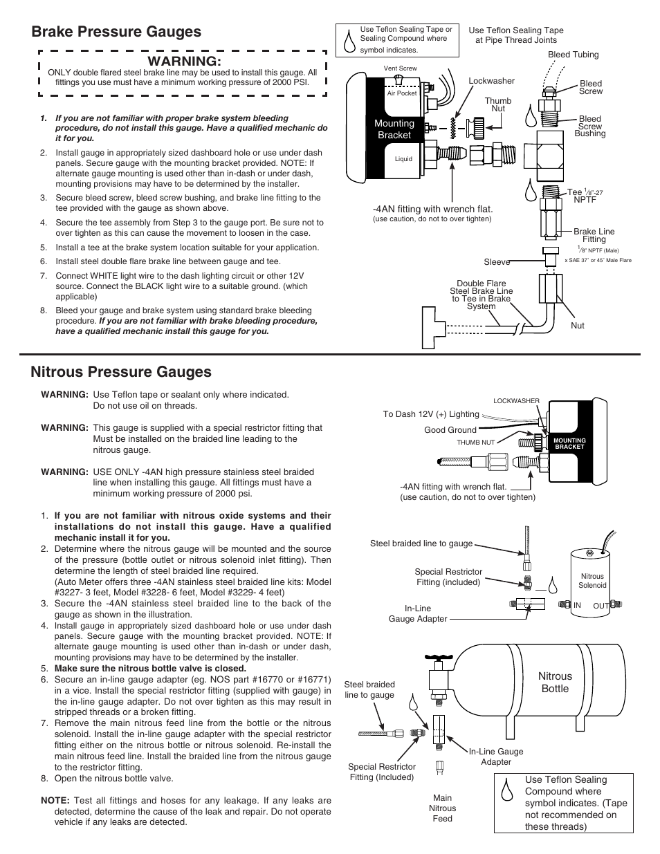 Brake pressure gauges, Nitrous pressure gauges, Warning | Auto Meter 8004 User Manual | Page 3 / 4