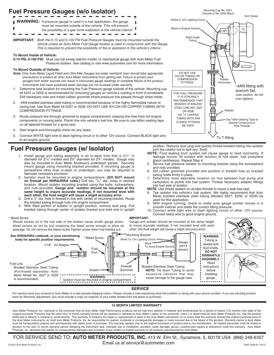 Fuel pressure gauges (w/o isolator), Fuel pressure gauges (w/ isolator), For service send to: auto meter products, inc | Service, Warning, 4an fitting with wrench flat | Auto Meter 8004 User Manual | Page 4 / 4