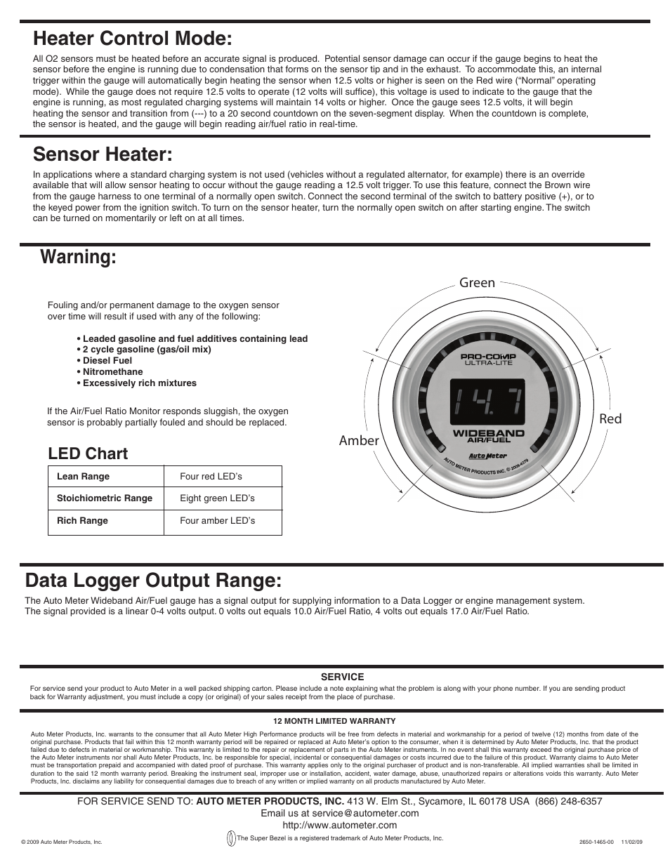 Heater control mode, Sensor heater, Warning | Data logger output range, Led chart, Red green amber | Auto Meter 4379 User Manual | Page 2 / 2
