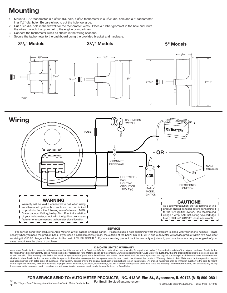 Mounting, Wiring, Caution | Warning, Models 3, Models 5" models, Coil | Auto Meter 880246 User Manual | Page 2 / 2