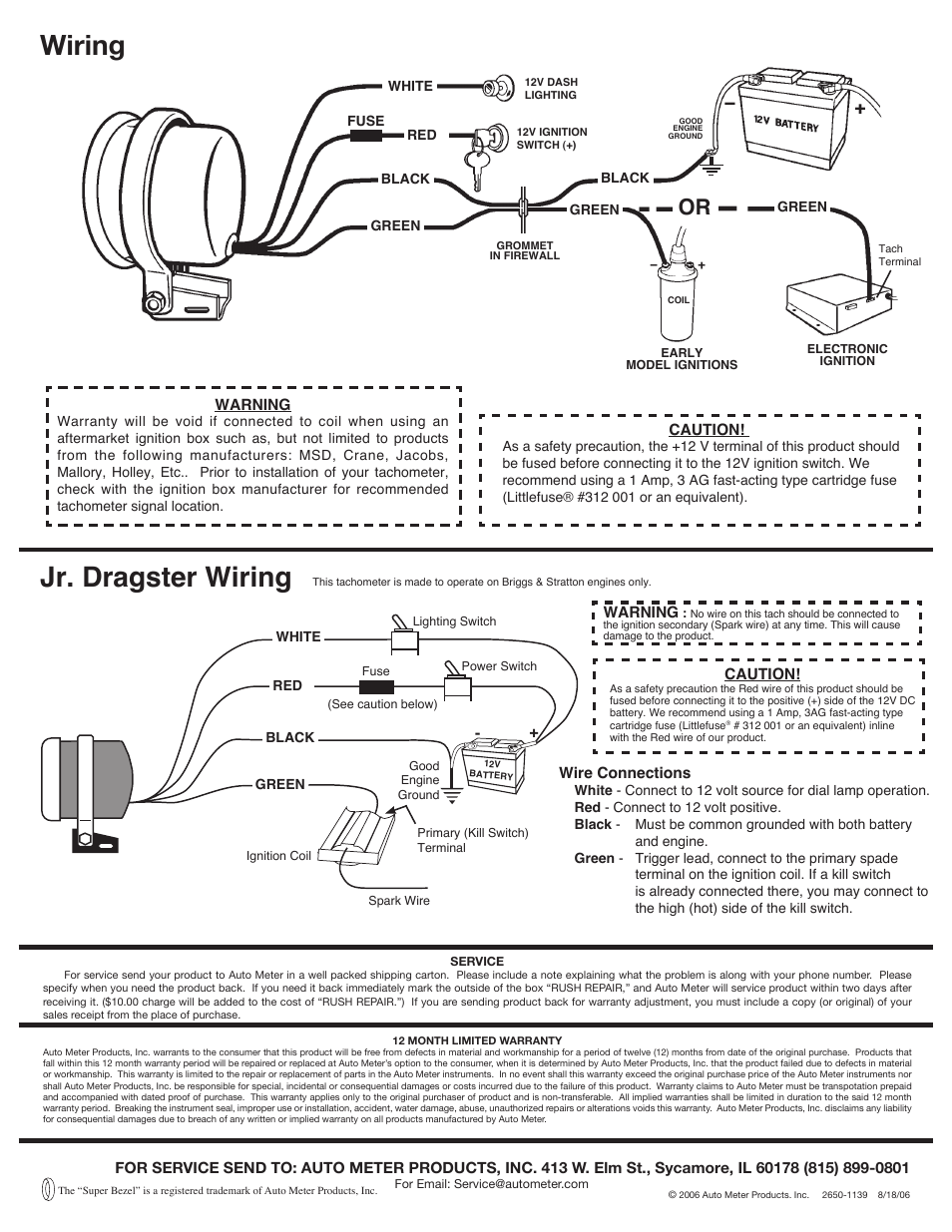 Wiring, Jr. dragster wiring | Auto Meter 2895 User Manual | Page 2 / 2