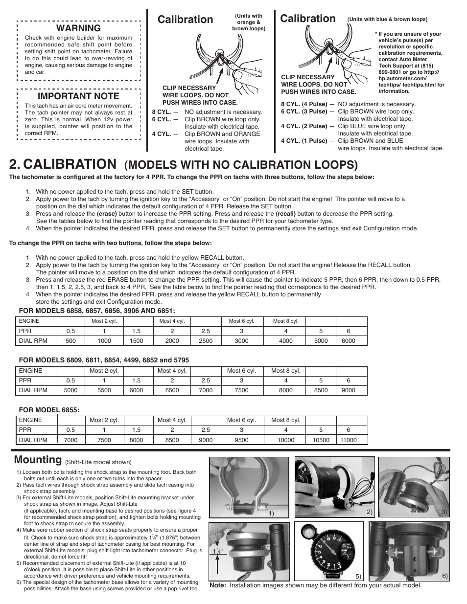 Models with no calibration loops), Calibration, Mounting | Warning | Auto Meter 6856 User Manual | Page 2 / 3