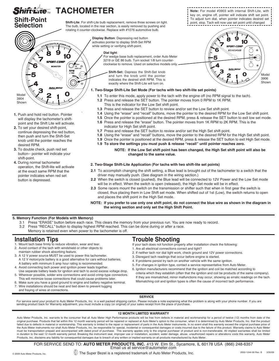 Tachometer, Shift-point selection, Installation tips | Trouble shooting | Auto Meter 6856 User Manual | Page 3 / 3
