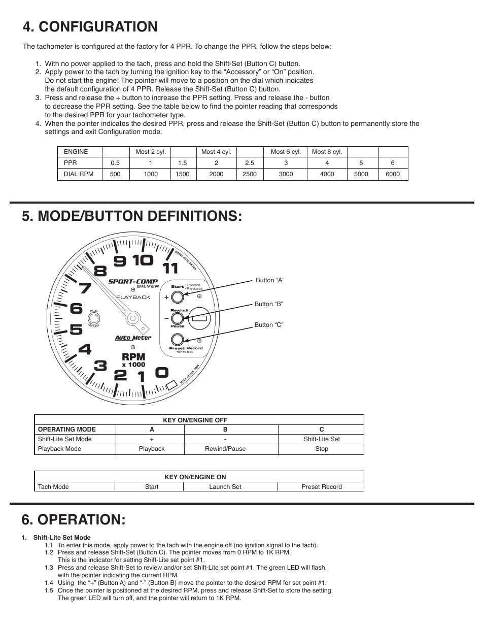 Configuration, Operation, Mode/button definitions | Auto Meter 3966 User Manual | Page 3 / 4