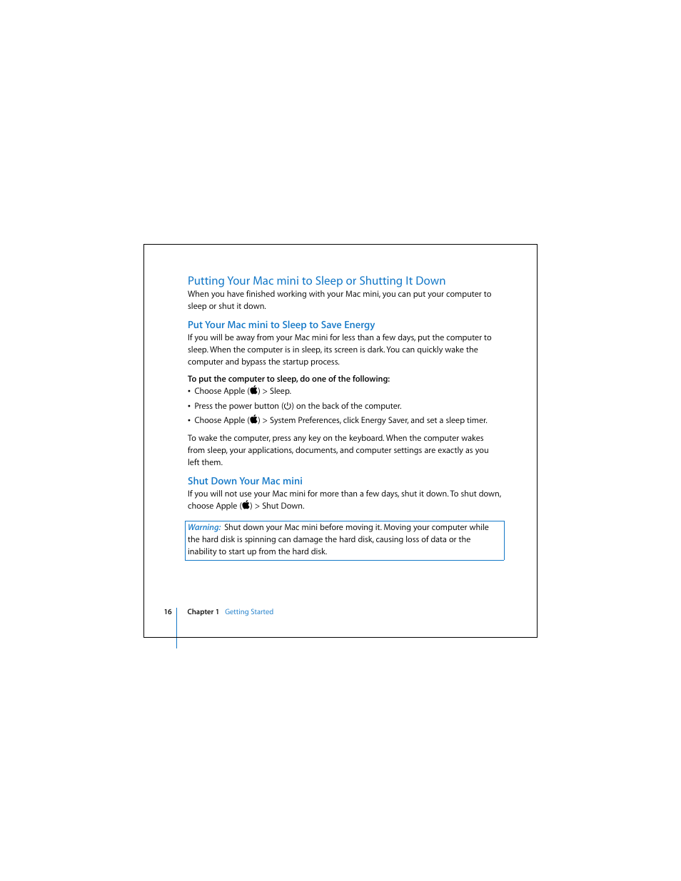 Putting your mac mini to sleep or shutting it down | Apple Mac Mini 19 User Manual | Page 16 / 112