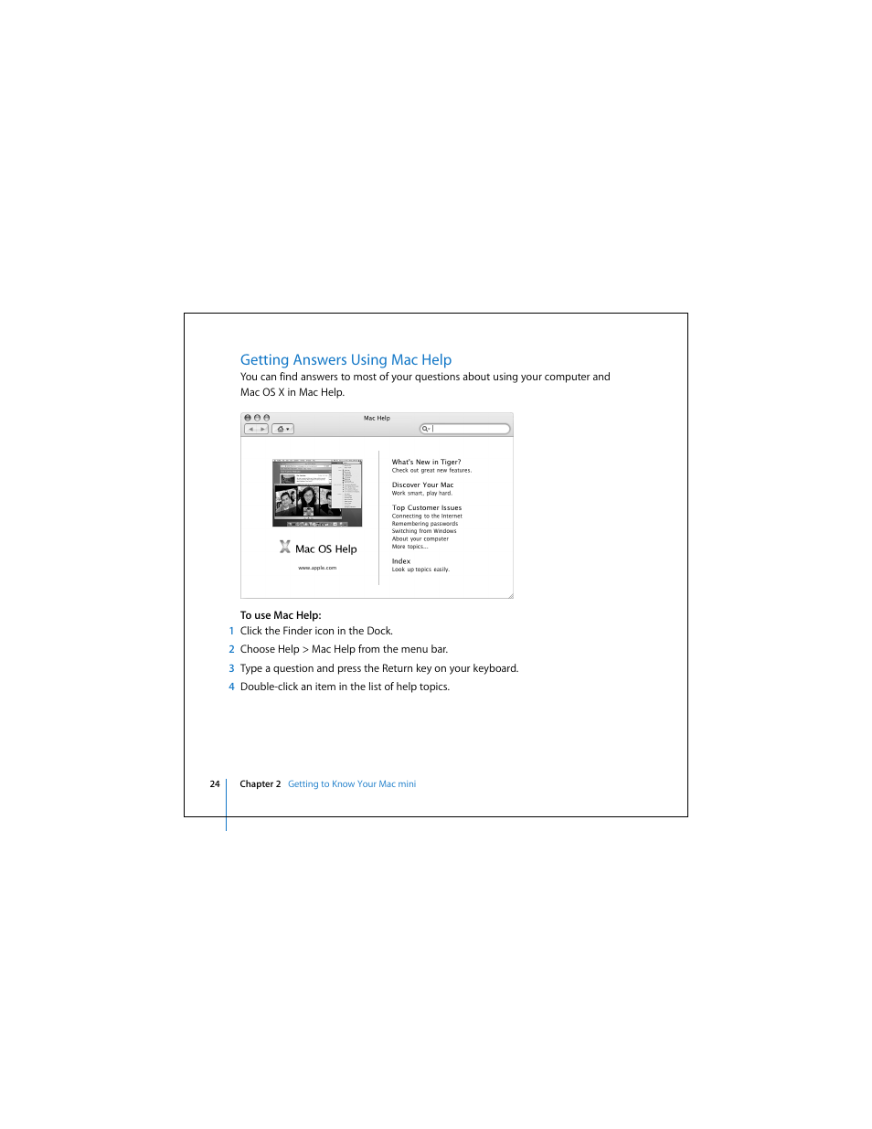 Getting answers using machelp, Getting answers using mac help | Apple Mac Mini 19 User Manual | Page 24 / 112