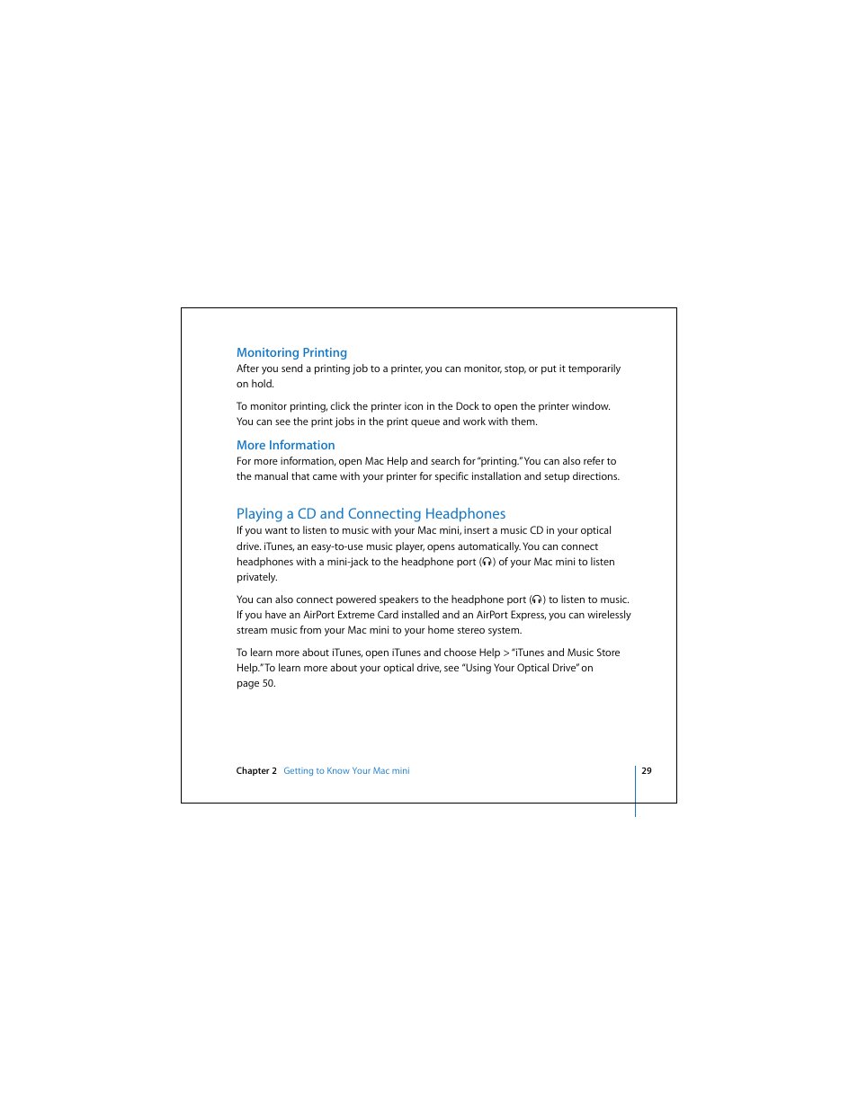 Playing a cd and connecting headphones | Apple Mac Mini 19 User Manual | Page 29 / 112