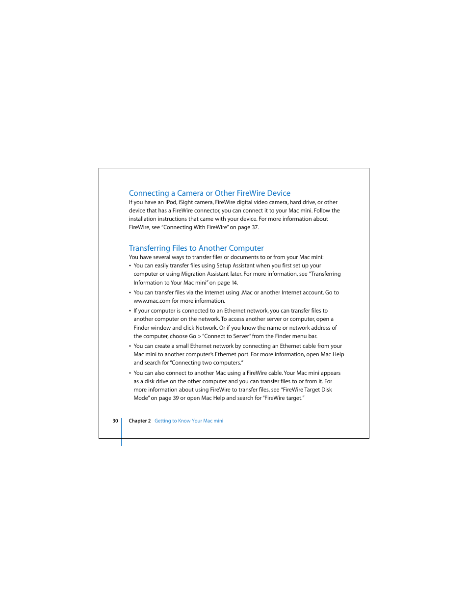 Connecting a camera or other firewire device, Transferring files to another computer | Apple Mac Mini 19 User Manual | Page 30 / 112