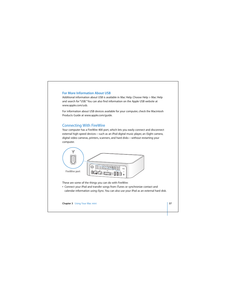 Connecting with firewire | Apple Mac Mini 19 User Manual | Page 37 / 112