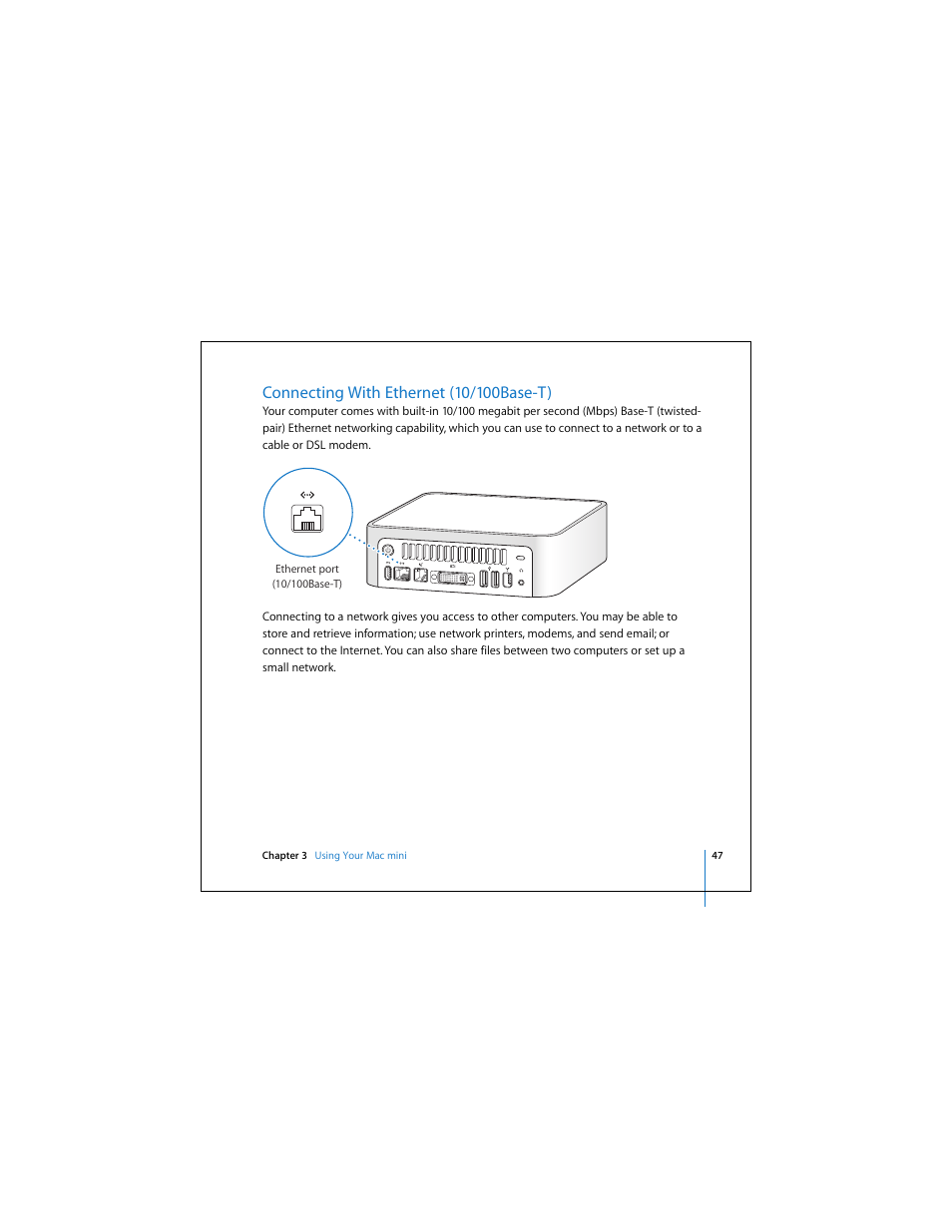 Connecting with ethernet (10/100base-t) | Apple Mac Mini 19 User Manual | Page 47 / 112