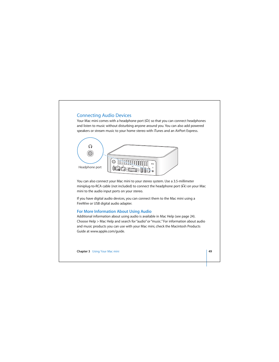 Connecting audio devices | Apple Mac Mini 19 User Manual | Page 49 / 112