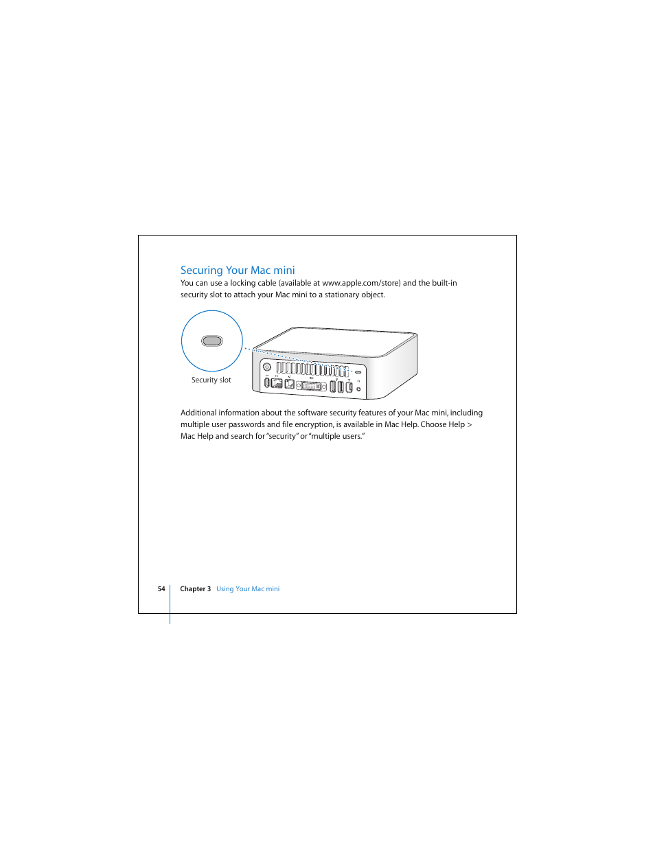 Securing your mac mini | Apple Mac Mini 19 User Manual | Page 54 / 112