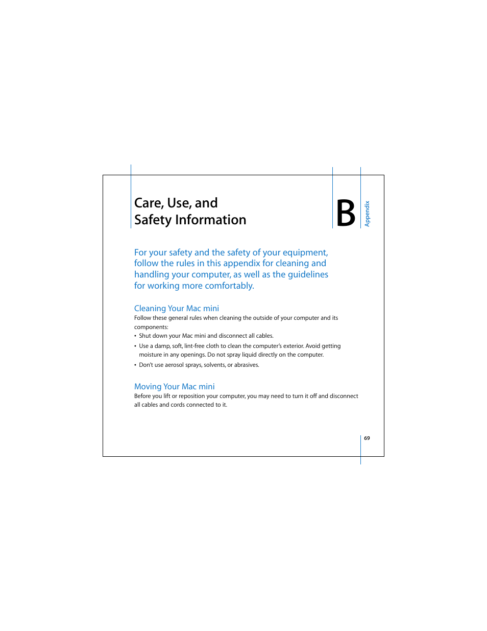 Care, use, and safetyinformation, Cleaning your mac mini, Moving your mac mini | Care, use, and safety information | Apple Mac Mini 19 User Manual | Page 69 / 112