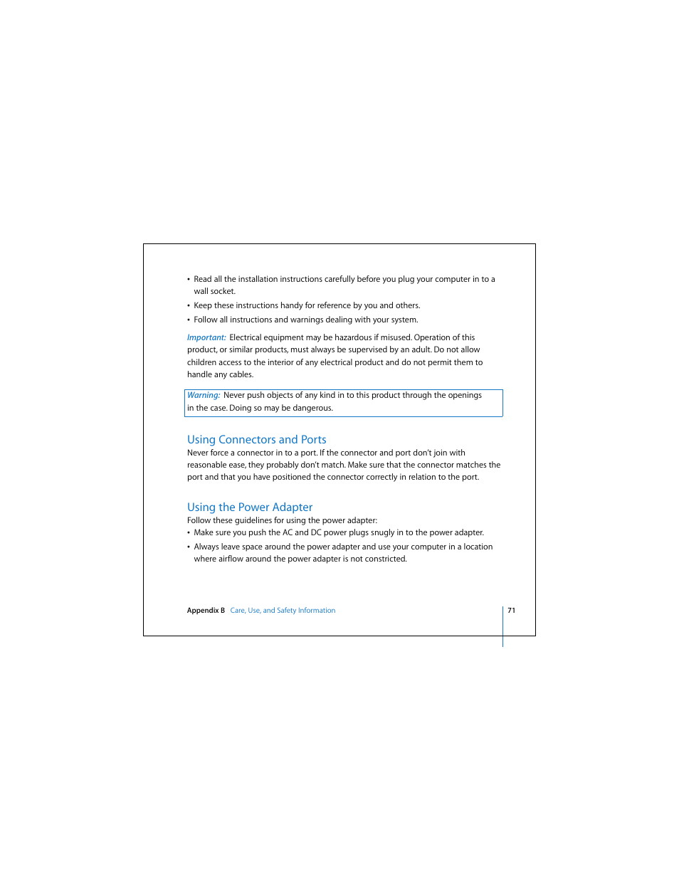 Using connectors and ports, Using the power adapter | Apple Mac Mini 19 User Manual | Page 71 / 112