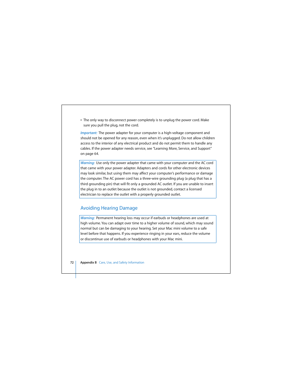 Avoiding hearing damage | Apple Mac Mini 19 User Manual | Page 72 / 112