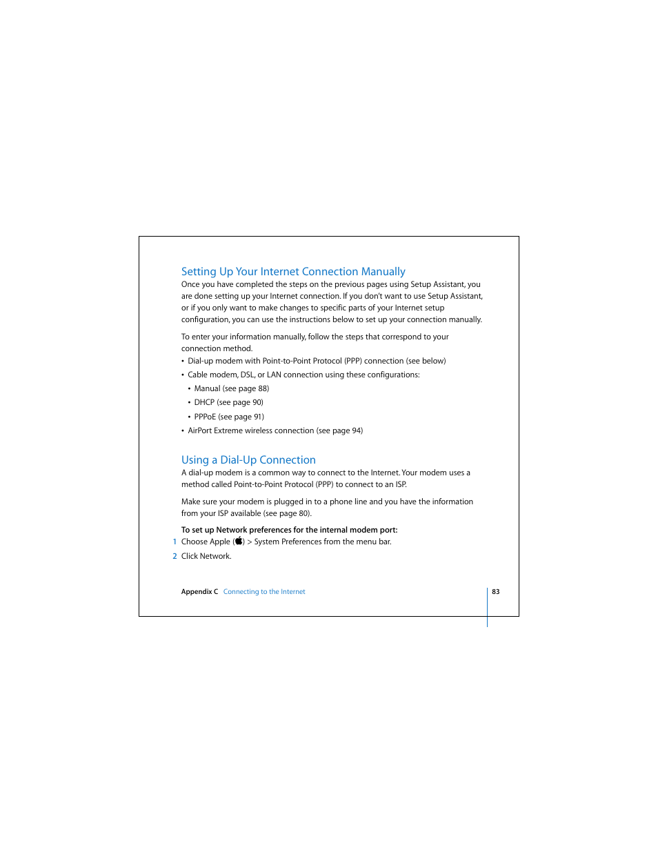 Setting up your internet connection manually, Using a dial-up connection | Apple Mac Mini 19 User Manual | Page 83 / 112