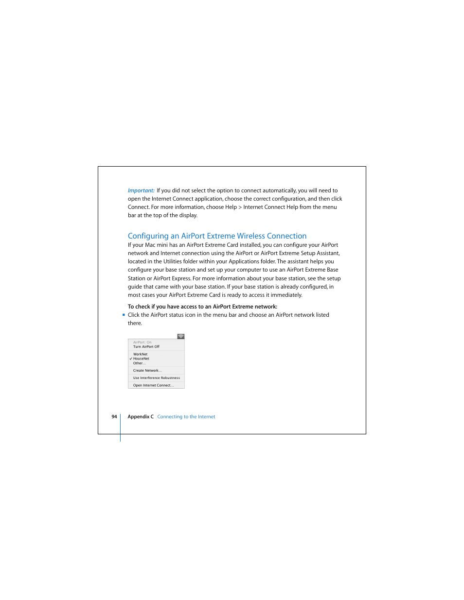Configuring an airport extreme wireless connection | Apple Mac Mini 19 User Manual | Page 94 / 112