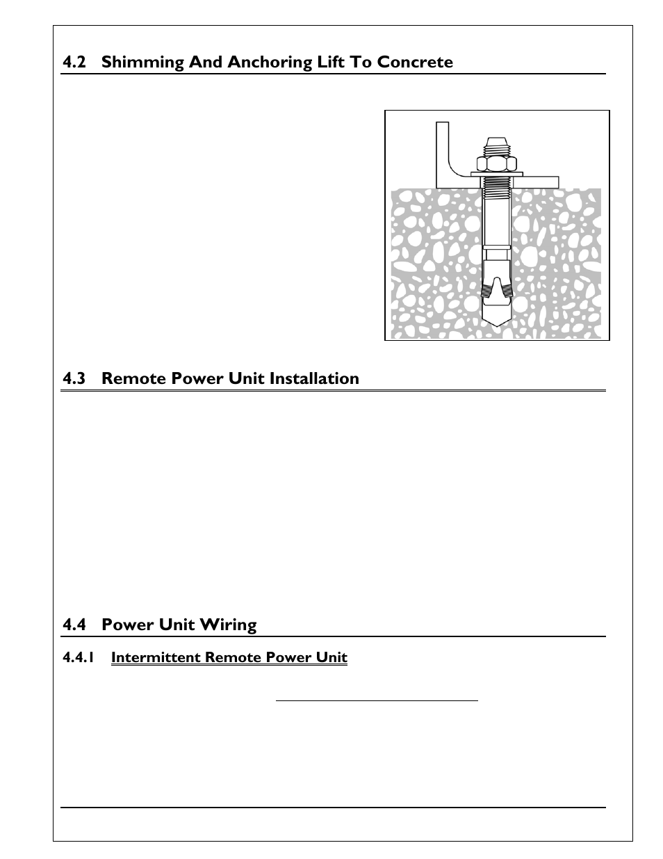 2 shimming and anchoring lift to concrete, 3 remote power unit installation, 4 power unit wiring | 1 intermittent remote power unit, Shimming and anchoring lift to concrete, Remote power unit installation, Power unit wiring, Intermittent remote power unit | Autoquip Q-LIFT User Manual | Page 17 / 49