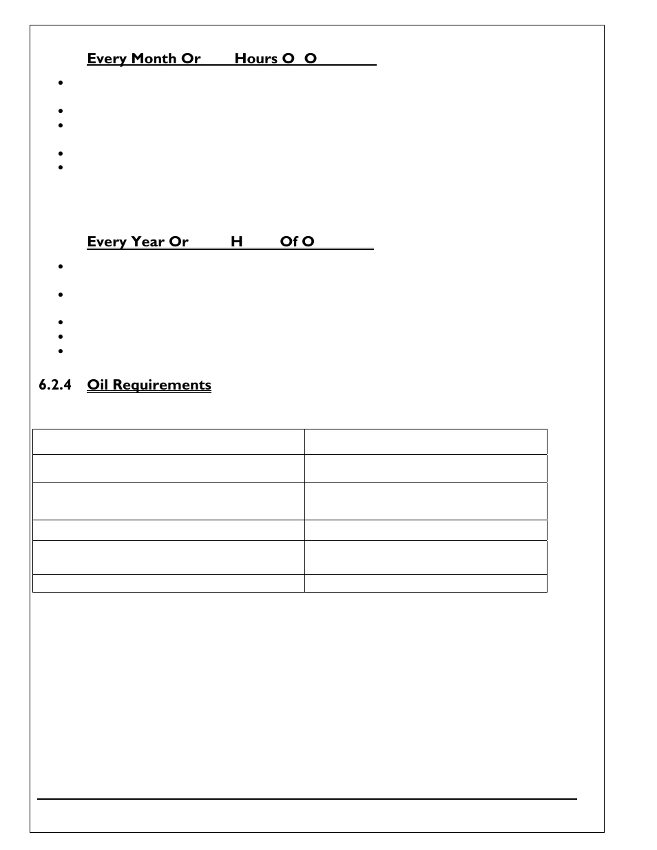 2 every month or 100 hours of operation, 3 every year or 1000 hours of operation, 4 oil requirements | Every month or 100 hours of operation, Every year or 1000 hours of operation, Oil requirements | Autoquip Q-LIFT User Manual | Page 24 / 49