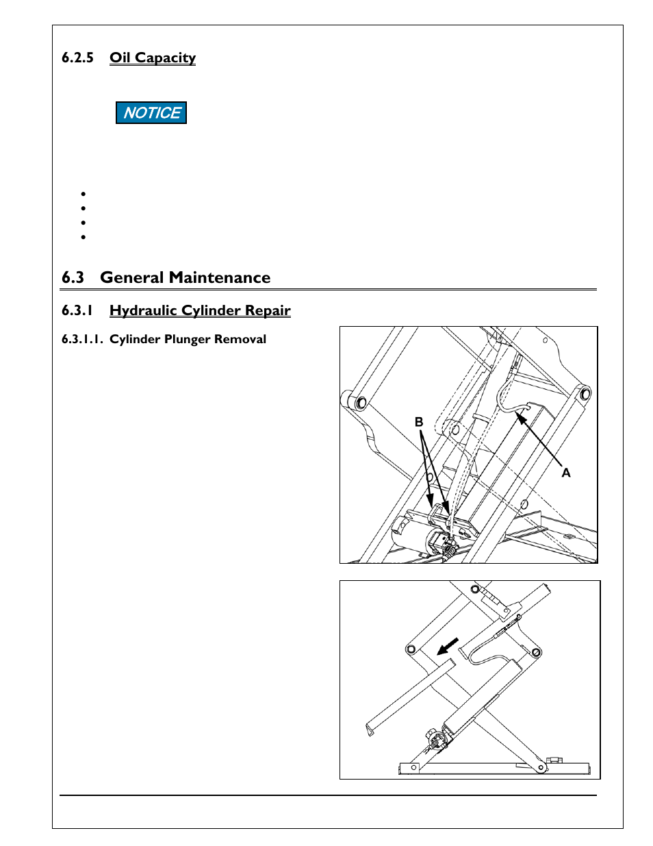 5 oil capacity, 3 general maintenance, 1 hydraulic cylinder repair | Cylinder plunger removal, Oil capacity, General maintenance, Hydraulic cylinder repair, Notice | Autoquip Q-LIFT User Manual | Page 25 / 49