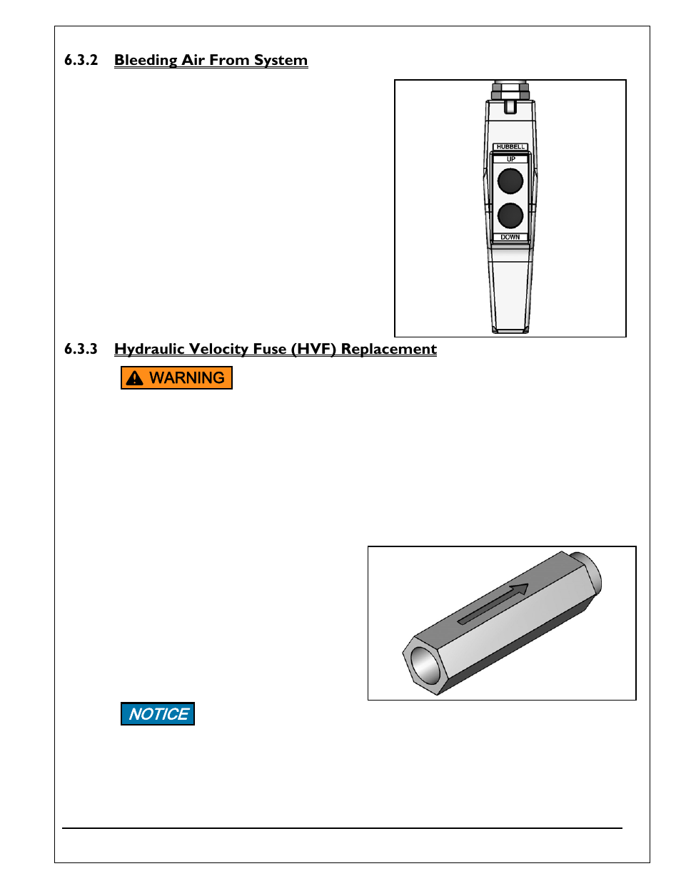 2 bleeding air from system, 3 hydraulic velocity fuse (hvf) replacement, Bleeding air from system | Hydraulic velocity fuse (hvf) replacement, Notice | Autoquip Q-LIFT User Manual | Page 27 / 49
