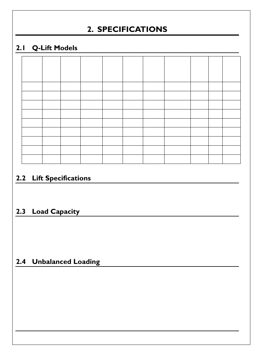 Specifications, 1 q-lift models, 2 lift specifications | 3 load capacity, 4 unbalanced loading, Q-lift models, Lift specifications, Load capacity, Unbalanced loading | Autoquip Q-LIFT User Manual | Page 6 / 49