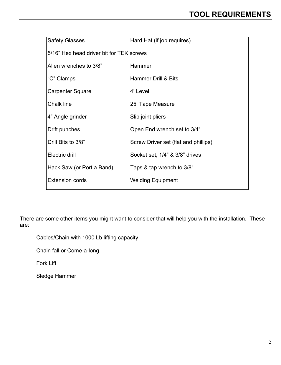 Tool requirements | Autoquip GATES SLIDING User Manual | Page 3 / 18