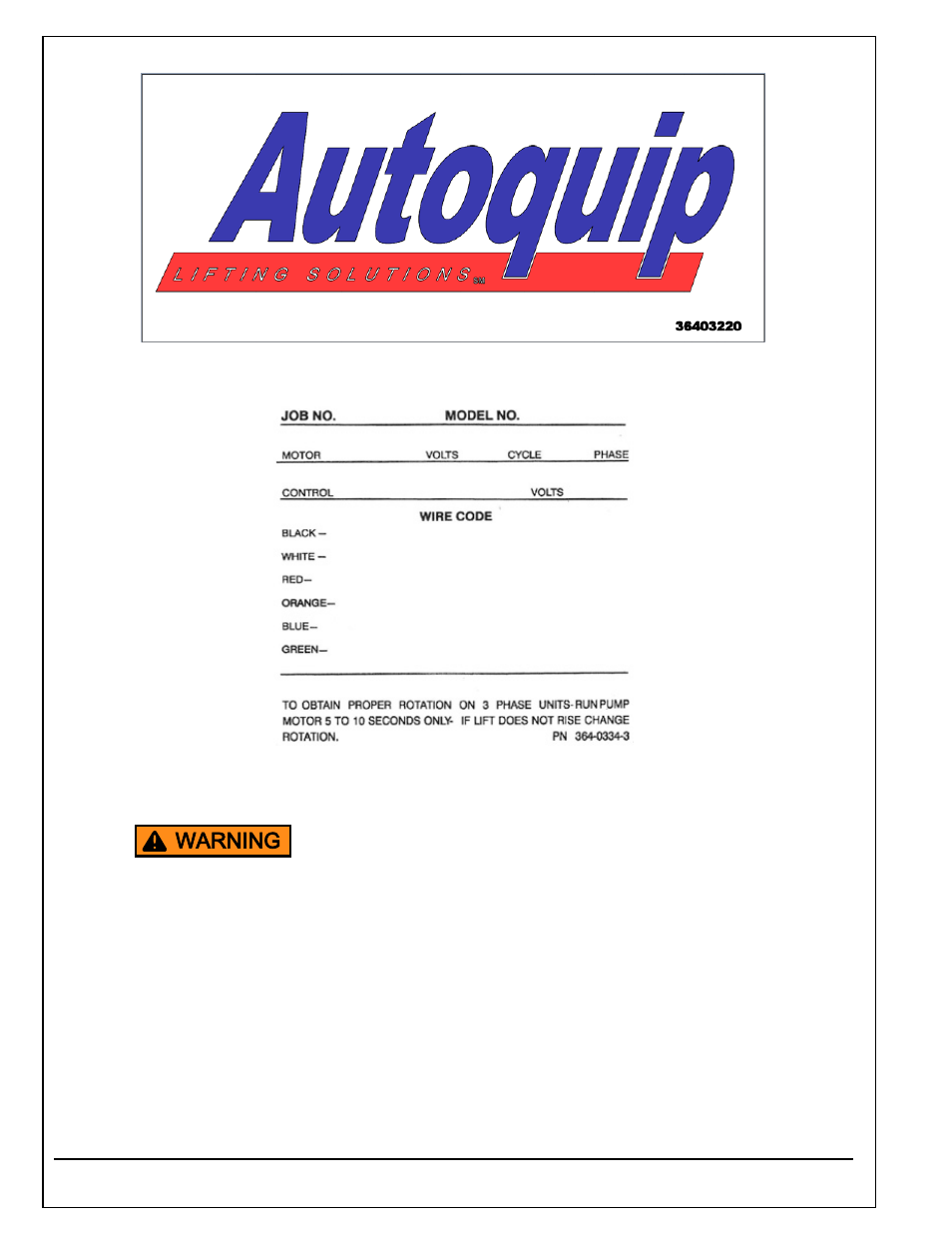 Warning | Autoquip SERIES 35 SCISSORS LIFT User Manual | Page 14 / 58