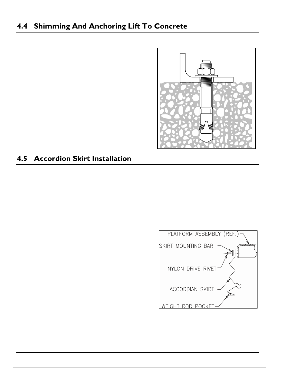 Shimming and anchoring lift to concrete, Accordion skirt installation, 4 shimming and anchoring lift to concrete | 5 accordion skirt installation | Autoquip SERIES 35 SCISSORS LIFT User Manual | Page 20 / 58