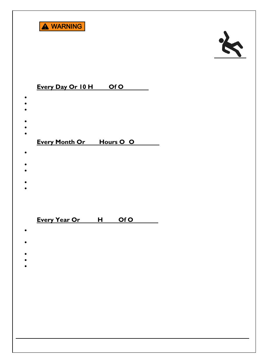 Every day or 10 hours of operation, Every month or 100 hours of operation, Every year or 1000 hours of operation | Autoquip SERIES 35 SCISSORS LIFT User Manual | Page 28 / 58