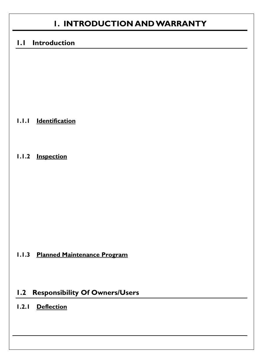 Introduction and warranty, Introduction, Identification | Inspection, Planned maintenance program, Responsibility of owners/users, Deflection, 1 introduction, 2 responsibility of owners/users | Autoquip SERIES 35 SCISSORS LIFT User Manual | Page 4 / 58