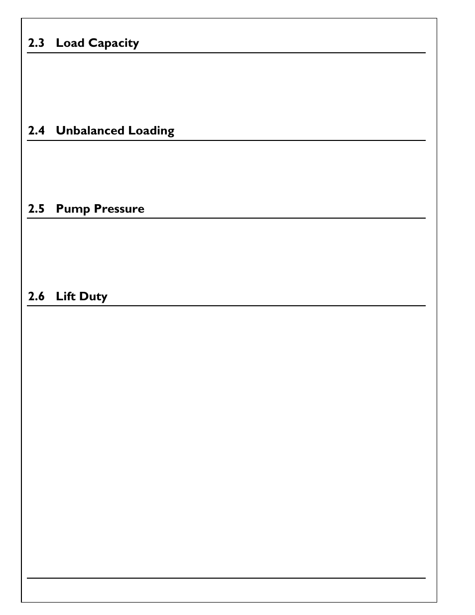 Load capacity, Unbalanced loading, Pump pressure | Lift duty, 3 load capacity, 4 unbalanced loading, 5 pump pressure, 6 lift duty | Autoquip SERIES 35 SCISSORS LIFT User Manual | Page 8 / 58