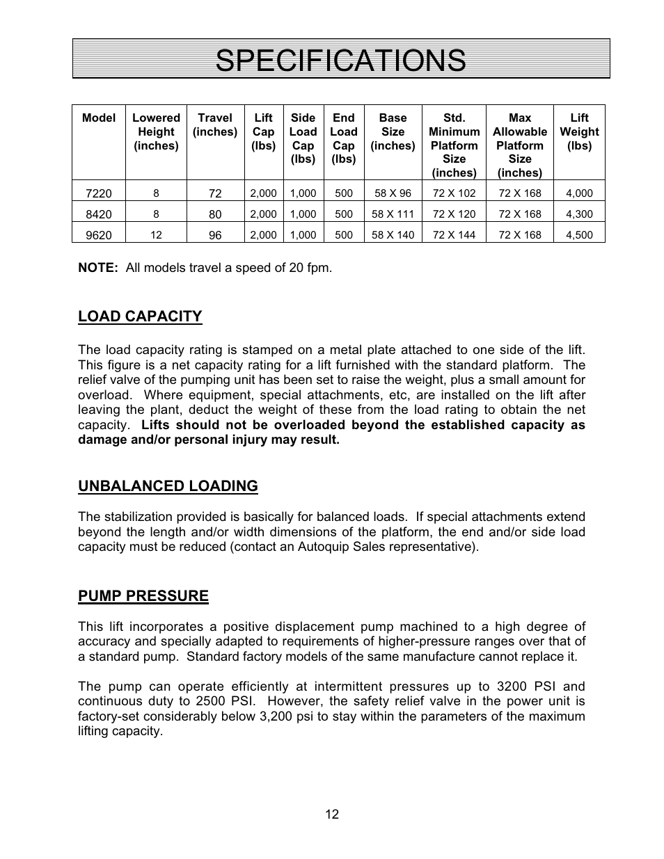 Specifications, Load capacity, Unbalanced loading | Pump pressure | Autoquip CAROUSEL WORK PLATFORM User Manual | Page 12 / 41