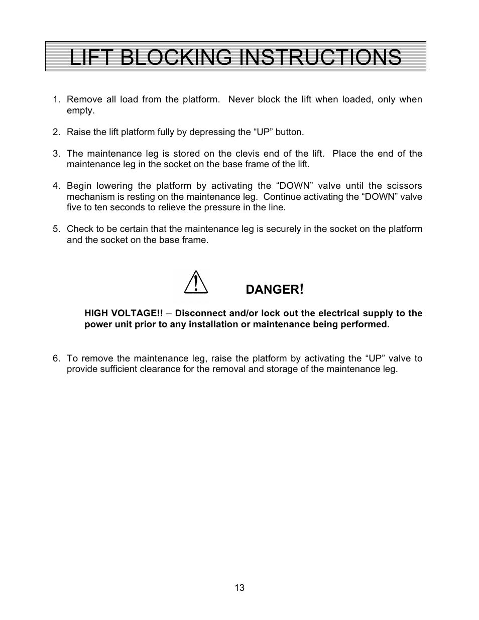 Lift blocking instructions | Autoquip CAROUSEL WORK PLATFORM User Manual | Page 13 / 41