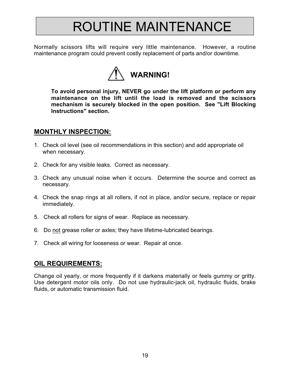 Routine maintenance, Warning | Autoquip CAROUSEL WORK PLATFORM User Manual | Page 19 / 41