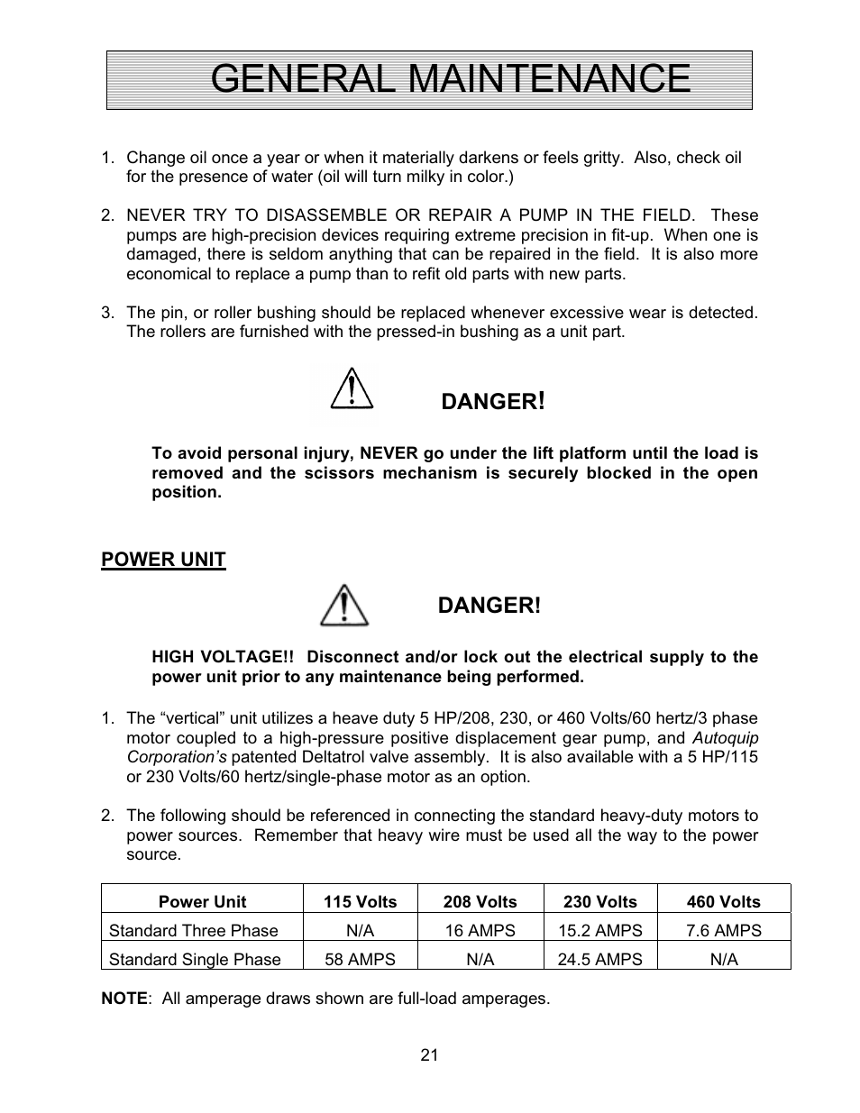 General maintenance, Danger | Autoquip CAROUSEL WORK PLATFORM User Manual | Page 21 / 41
