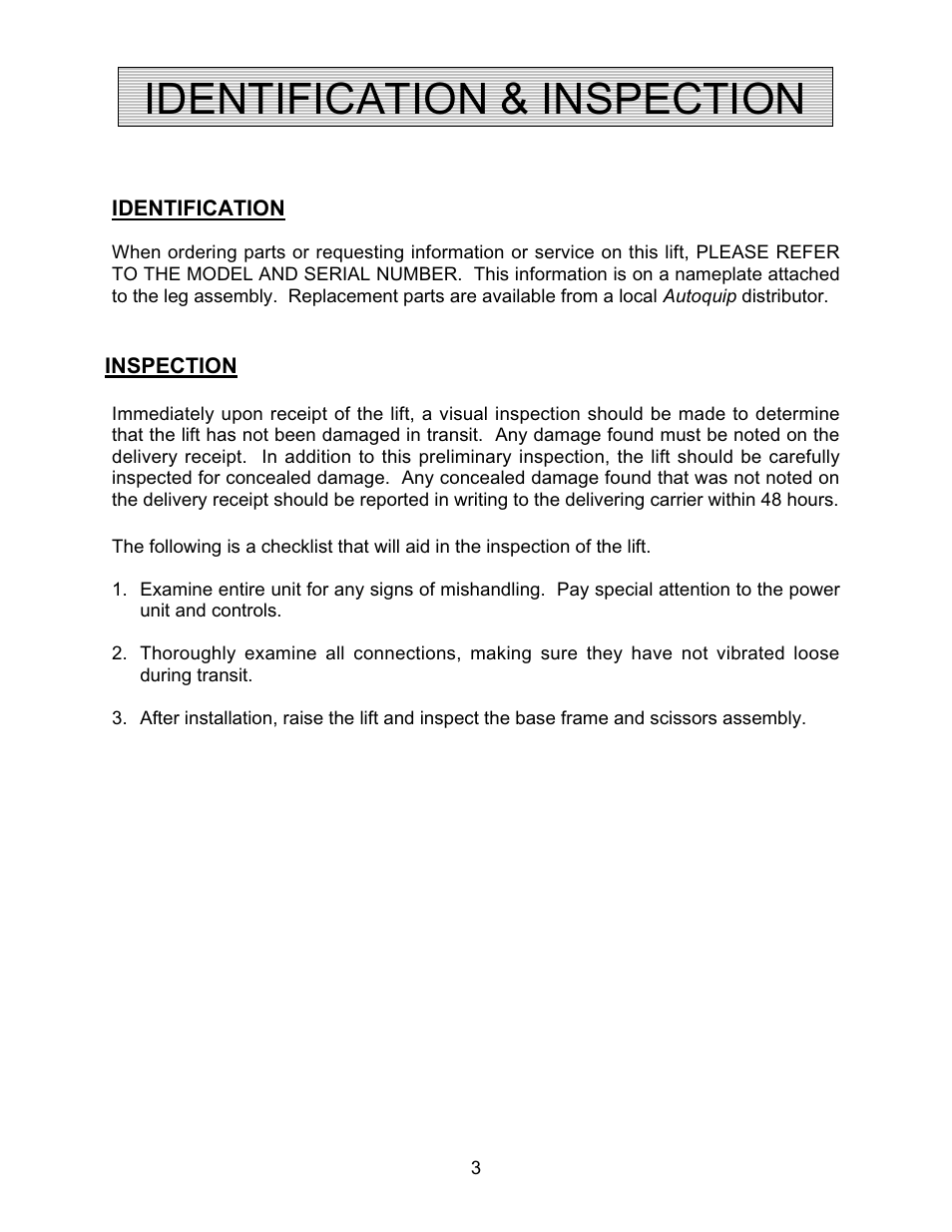 Identification & inspection | Autoquip CAROUSEL WORK PLATFORM User Manual | Page 3 / 41