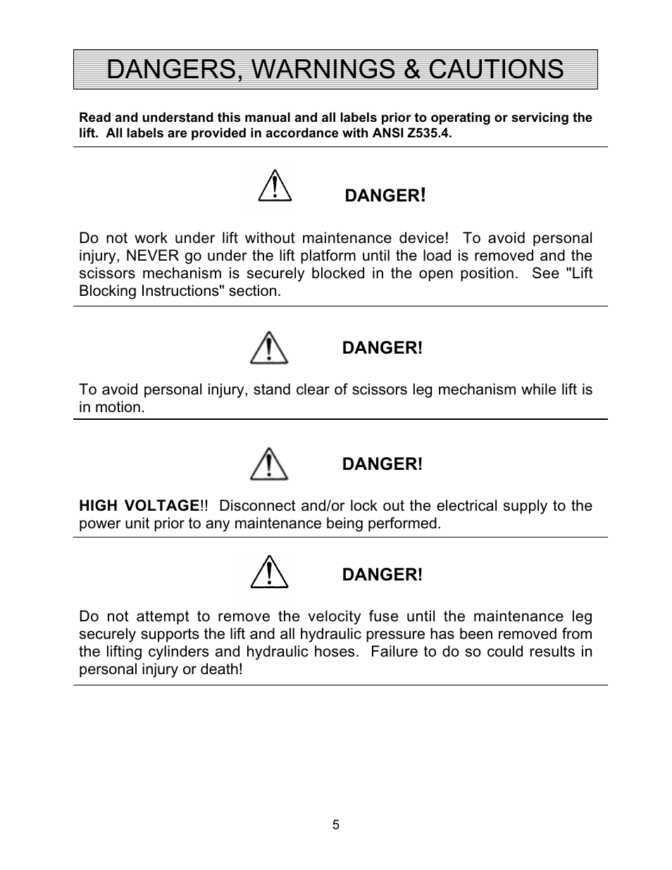 Dangers, warnings & cautions | Autoquip CAROUSEL WORK PLATFORM User Manual | Page 5 / 41