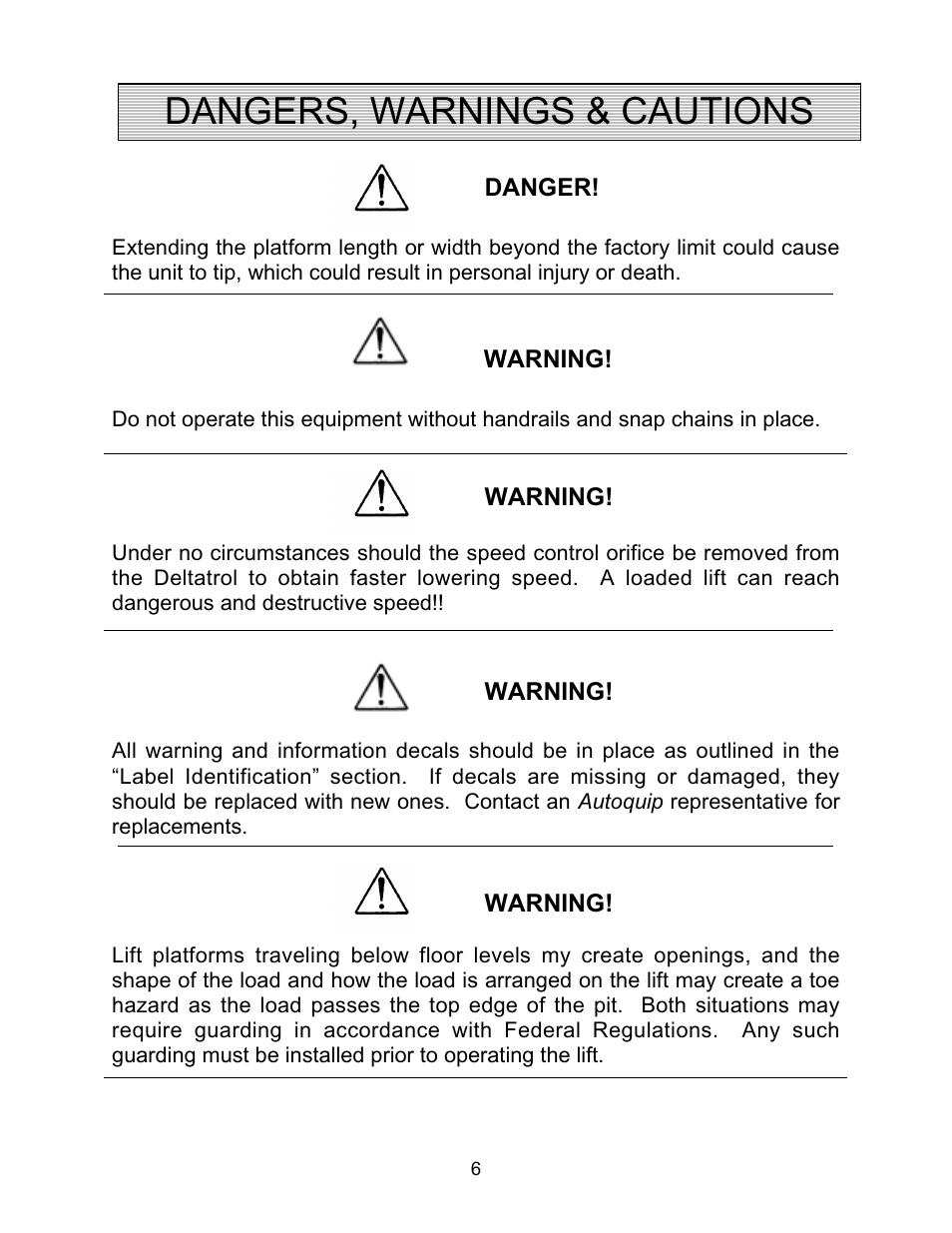 Dangers, warnings & cautions | Autoquip CAROUSEL WORK PLATFORM User Manual | Page 6 / 41