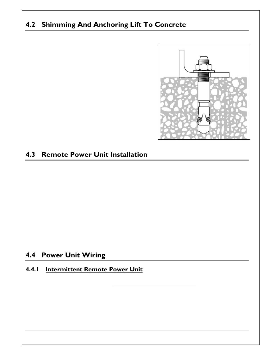 2 shimming and anchoring lift to concrete, 3 remote power unit installation, 4 power unit wiring | 1 intermittent remote power unit, Shimming and anchoring lift to concrete, Remote power unit installation, Power unit wiring, Intermittent remote power unit | Autoquip TITAN SCISSOR LIFT TABLE User Manual | Page 17 / 50