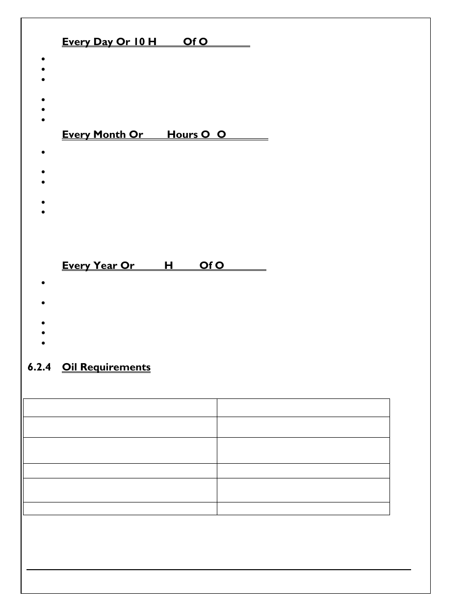 1 every day or 10 hours of operation, 2 every month or 100 hours of operation, 3 every year or 1000 hours of operation | 4 oil requirements, Every day or 10 hours of operation, Every month or 100 hours of operation, Every year or 1000 hours of operation, Oil requirements | Autoquip TITAN SCISSOR LIFT TABLE User Manual | Page 24 / 50