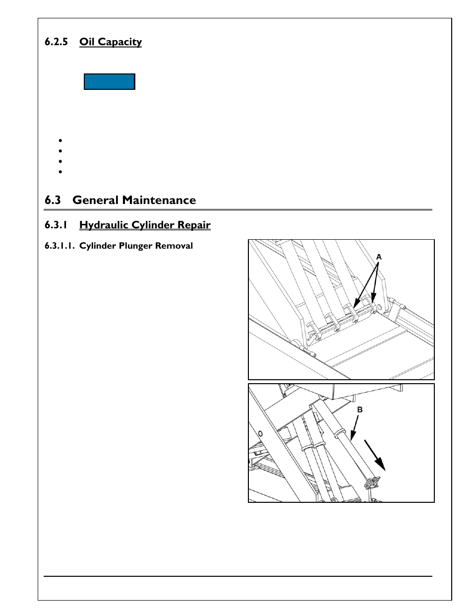 5 oil capacity, 3 general maintenance, 1 hydraulic cylinder repair | Cylinder plunger removal, Oil capacity, General maintenance, Hydraulic cylinder repair | Autoquip TITAN SCISSOR LIFT TABLE User Manual | Page 25 / 50