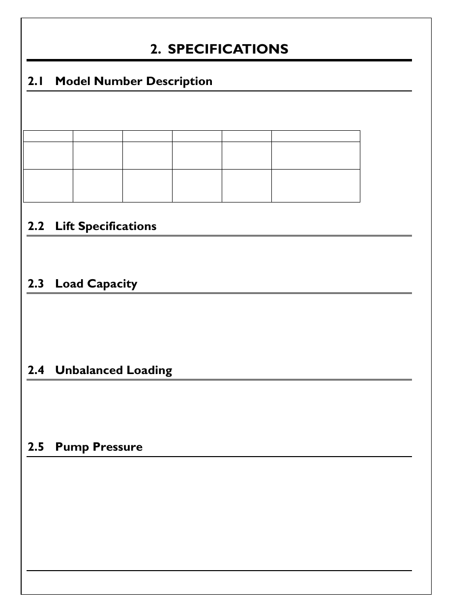 Specifications, 1 model number description, 2 lift specifications | 3 load capacity, 4 unbalanced loading, 5 pump pressure, Model number description, Lift specifications, Load capacity, Unbalanced loading | Autoquip TITAN SCISSOR LIFT TABLE User Manual | Page 6 / 50