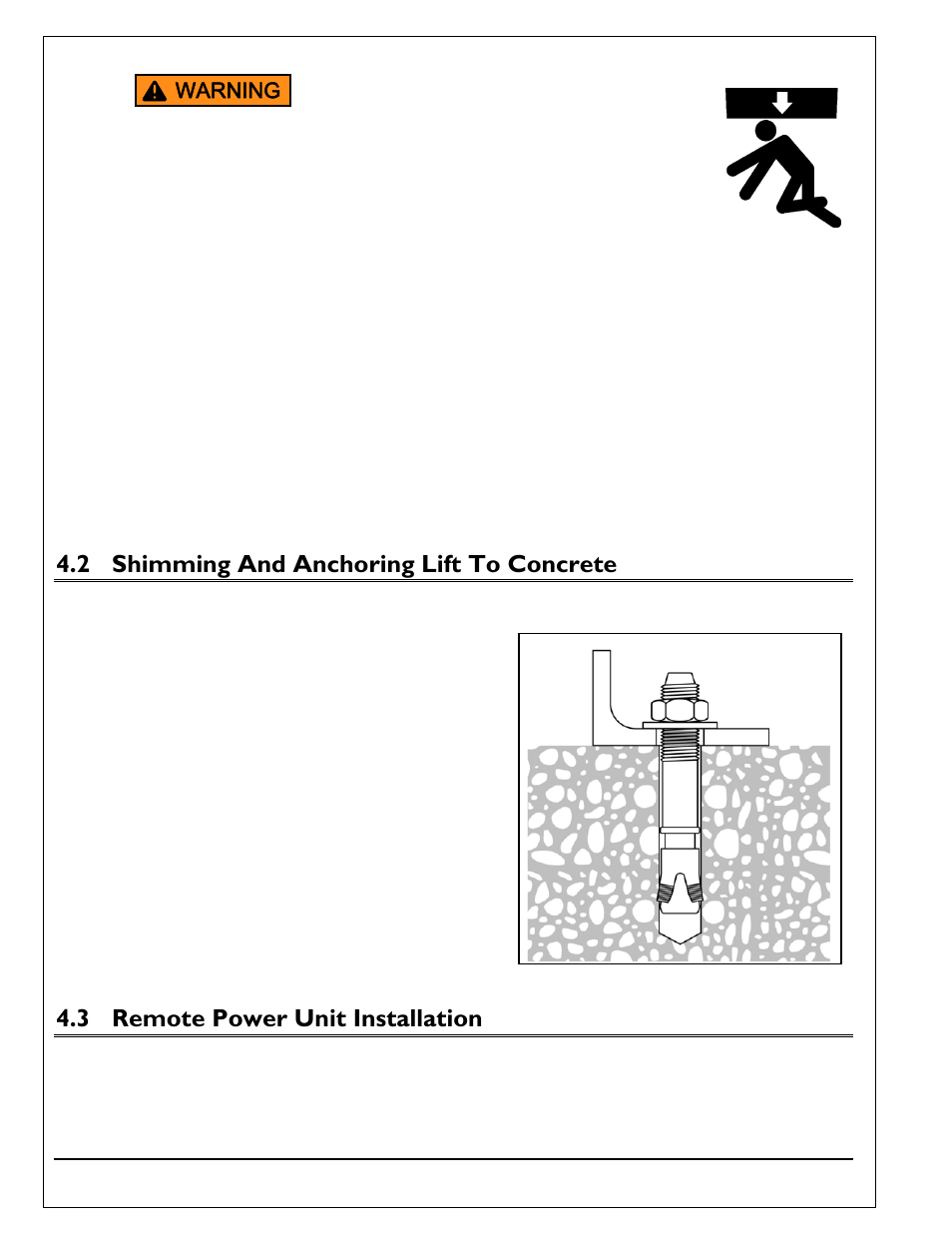 2 shimming and anchoring lift to concrete, 3 remote power unit installation, Warning | Autoquip SUPER TITAN DOUBLE LONG User Manual | Page 22 / 52