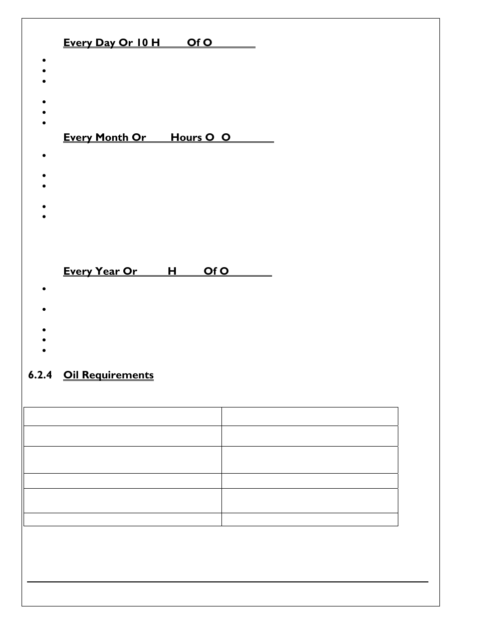 1 every day or 10 hours of operation, 2 every month or 100 hours of operation, 4 oil requirements | Autoquip SUPER TITAN DOUBLE LONG User Manual | Page 34 / 52