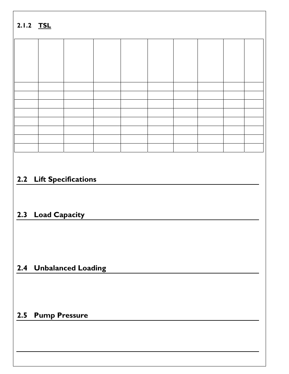 2 lift specifications, 3 load capacity, 4 unbalanced loading | 5 pump pressure, 2 tsl | Autoquip SUPER TITAN DOUBLE LONG User Manual | Page 8 / 52