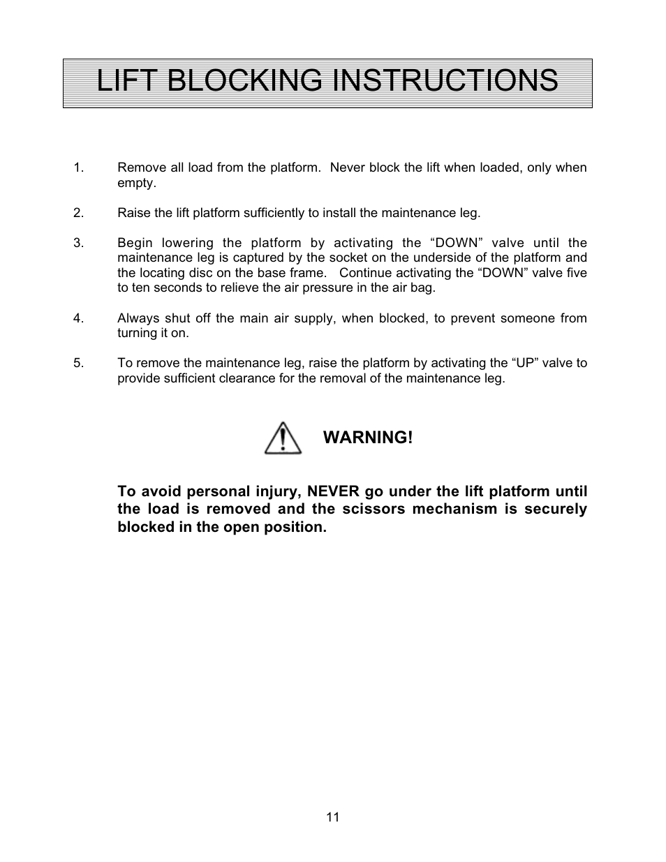 Lift blocking instructions, Warning | Autoquip AIR FORCE PNEUMATIC User Manual | Page 11 / 22