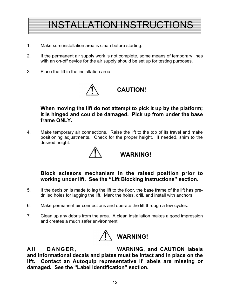 Installation instructions, Caution, Warning | Autoquip AIR FORCE PNEUMATIC User Manual | Page 12 / 22