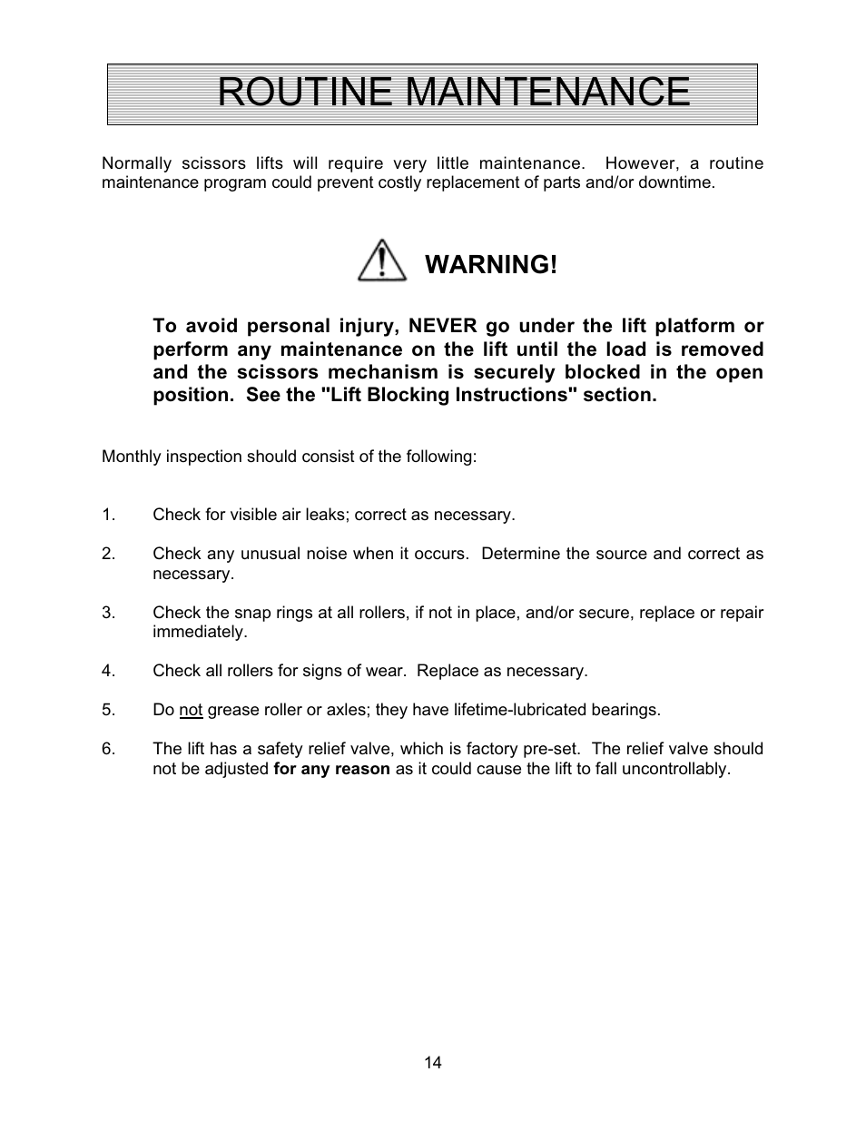 Routine maintenance, Warning | Autoquip AIR FORCE PNEUMATIC User Manual | Page 14 / 22